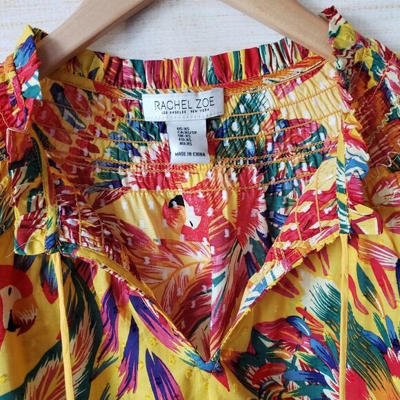 Rachel Zoe Parrot Tropical Cotton Textured Colorful Short Sleeve Blouse Top XS - Picture 3 of 11
